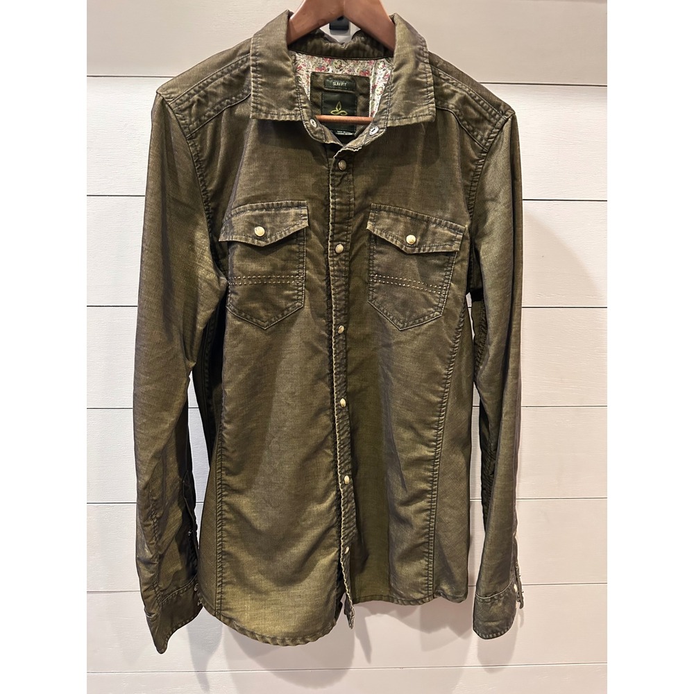 Prana Womens Slim Fit Corduroy Button Down Shirt Olive Bronze Medium Long Sleeve